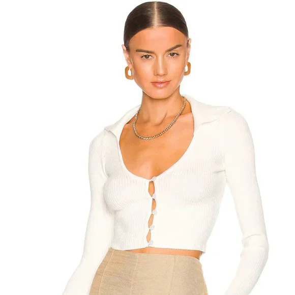 Revolve All The Ways Clarissa Deep V Top in Ivory Ribbed Jersey Size Large NWT - Picture 1 of 9